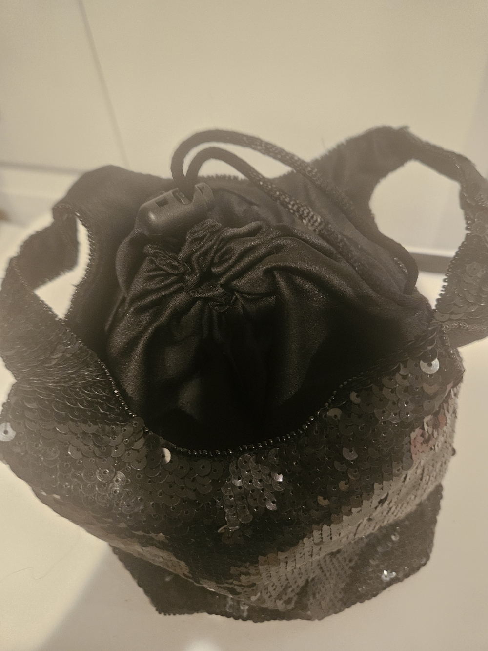 Black Sequin Drawstring Bucket Bag